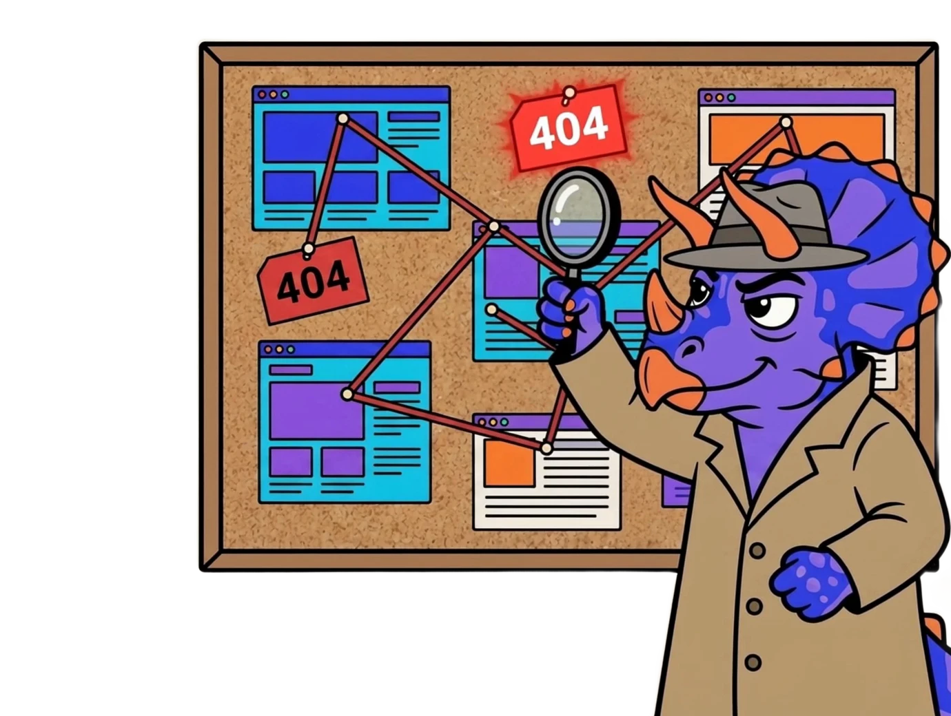 Triseotrops detective inspecting an evidence board of broken links